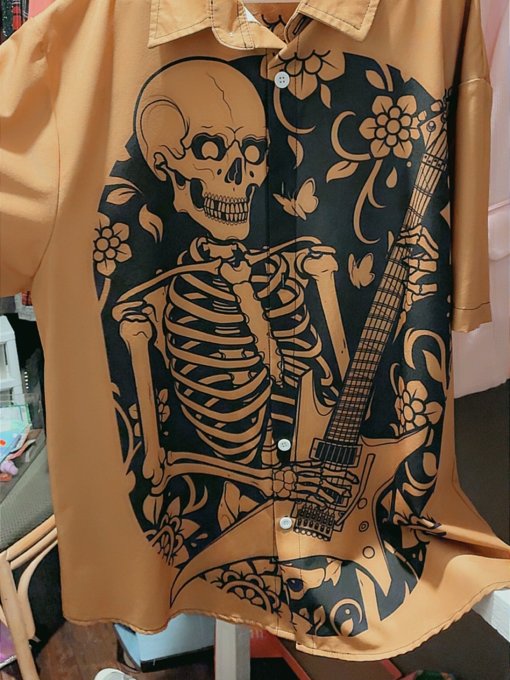 Men's Tan Graphic Skeleton Guitar Button-Up Shirt